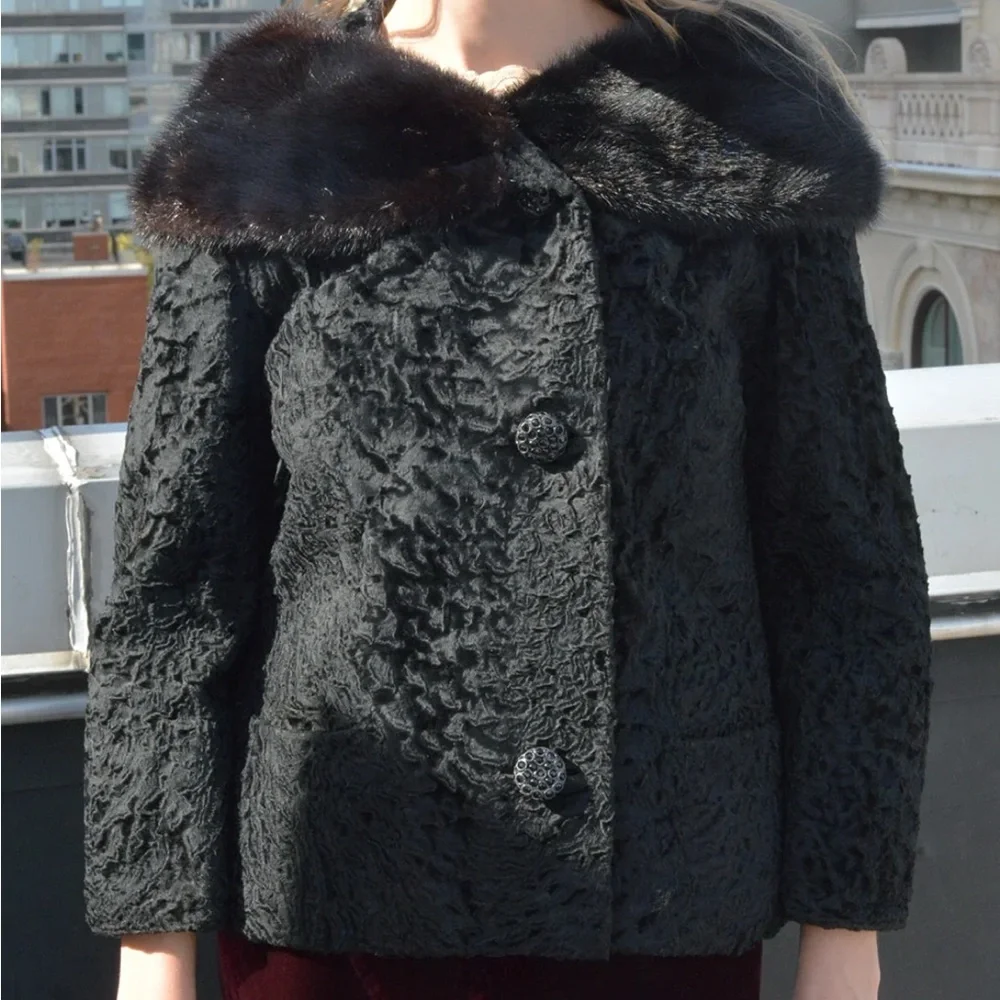 Vintage 1960s Persian Lamb Cropped Coat with Mink Collar - Picture 2 of 15